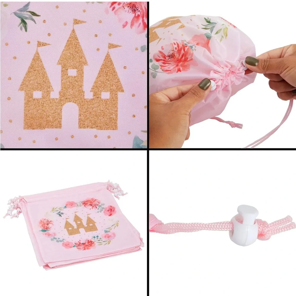 Pink Drawstring Bag with Gold Castle Design (14 Drawstring bags)